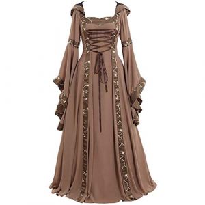 Robe medievale Femme avec Capuche Retro Robe Renaissance Grande Taille Manches Trompette Maxi Costume Moyen Age Ceinture Cravate Palais Deguisement Adulte de Cocktail pour Halloween (Khaki, XL) (FATUS, neuf)
