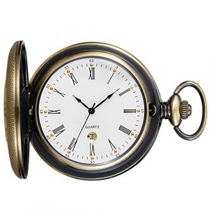 Tiong Montre de poche vintage avec cha&icirc;ne chiffres romains &eacute;chelle unique &agrave; quartz avec calendrier Montres de poche cadeaux d'anniversaire f&ecirc;te des p&egrave;res, 38-bronze, Classique (YITIAN-EU, neuf)