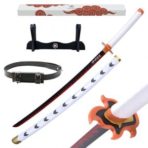 Hashiman - Katana Demon Réplique Manga Sabre + Support Epée Bois + Ceinture - Catana Japonais Cosplay Décoration Jouet Enfant Adulte - Jeu Déguisement Deco Ninja (Kyojuro Rengoku) (Hashiman, neuf)
