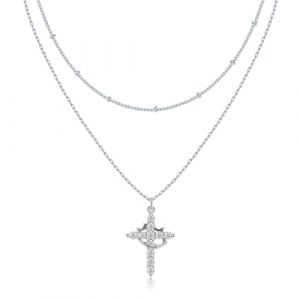 Yeomju Chaîne en argent plaqué or 14 carats avec pendentif en forme de croix en oxyde de zirconium pour homme et femme (argent) (HEFENGXIANDIEMANFUZHUANG, neuf)