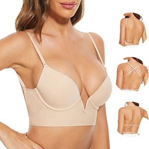 Zetopump Soutien Gorge Dos Nu-Transparent Invisible V Profond Multiples et Convertibles Soutien Gorge sans Coutures à Léger Rembourrage(Nude, 85C) (Zetopump Direct, neuf)