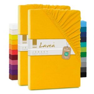 Lavea® Lot de 2 Draps-Housses Maya – Jersey 100% Coton – pour Lits Standard, Boxspring, à Eau ou avec Surmatelas – avec élastique – Oeko-TEX® – Respirants (Jaune Doré, 180x190-200x200cm) (B&D Textiles, neuf)