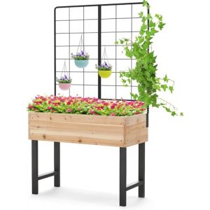 HOMASIS Jardinière Surélevée avec Treillis sur Pied,Lit de Jardin avec Drainage,Bac à Plantes en Bois pour Plante Grimpante Légume Fruit,Parterre de Fleurs d'Extérieur pour Terrasse Patio Balcon (Homasis, neuf)