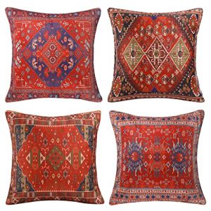 Lot de 4 Housses de Coussin Décoratives 40x40cm Bohème Ethnique Tapis Turcs Motif Taie d'oreiller Coton Lin Housses Coussins Canapé pour Coussins Carrés pour Chaises de Jardin de la Maison (Qiou EU, neuf)