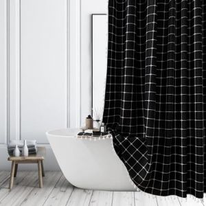 ggaimwf Rideau de douche boh&egrave;me noir &agrave; carreaux de style rustique vintage avec pompons pour salle de bain et baignoire 183 x 183 cm (ggaimwf EU, neuf)