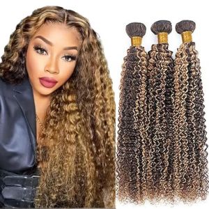 Hxxcoup Tissage Bresilien en lot Tissage Cheveux Humain Hair Bundles P427 Highlight Blond Bundles Curly Wave Extension 100% Unprocessed Virgin Remy Hair Real Hair for Woman 10 12 14 Pouce (KST HAIR, neuf)
