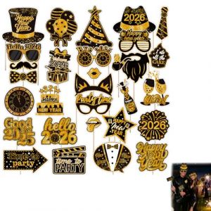 Accessoires photo Nouvel An 2026 &ndash; Lot de 30 pi&egrave;ces d&eacute;corations festives pour soir&eacute;e r&eacute;veillon &ndash; D&eacute;corations photo booth f&ecirc;te Nouvel An &ndash; Accessoires rigolos pour famille et amis (GuiZhouChengNongDianZiKeJiYouXianGongSi, neuf)