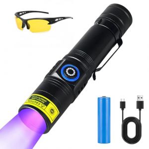 BORDEAG Lampe de poche UV, lampe de poche LED rechargeable, lampe de poche LED rechargeable par USB pour durcissement de la r&eacute;sine, ongles, d&eacute;tecteur d'urine, avec lunettes UV (SwiftCart Azalaya, neuf)