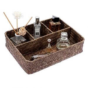 OLegei Panier de rangement en osier panier d’étagère corbeille tressé boîte de rangement avec 4 compartiments organisateur de table pour comptoir, bureau, étagère (café) (SunGiRay, neuf)