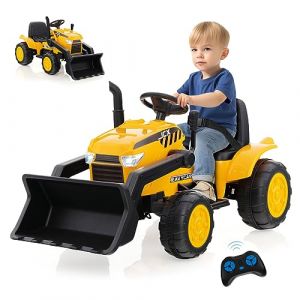 GOPLUS 12V Tracteur &Eacute;lectrique Enfant, Voiture Electrique Enfant avec Bras et Godet Flexibles& T&eacute;l&eacute;commande 2,4G, Musique & Roues Antid&eacute;rapantes, Cadeau Enfants 3-8 Ans (Augenstern24, neuf)