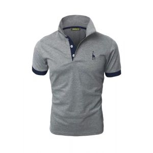VMSUCIJ Hommes Broderie Girafe Coton Manche Courte Mode Classique Basique Col Polo Golf Chemise,07 Gris+Bleu,XL (Zting, neuf)