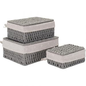 Kongming Panier Rangement Tressé 3 pièces Panier Osier avec Couvercle et Doublure Empilables Boite Rangement Rectangulaire pour Étagères Chambre, Salle de Bain (Gris) (Kongming Direct, neuf)