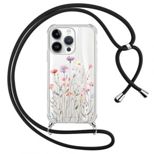 Yirlbey Coque pour iPhone 14 Pro 6,1 Pouces avec Cordon, Motif de Fleurs Sauvages Aesthetic Etui Laniere Collier Corde R&eacute;glable Transparente Case, Portable Housse Antichoc PC Dur Fine Femme, 02 (XUPINBO, neuf)