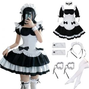 MeYuxg Maid Dress,Anime French Maid Outfit,Mignon robe de Cosplay, Costume de Femme de Chambre Noir,Robe+Bas Blancs+Coiffure+ Bracelet+Jambi&egrave;re+Collier pour Halloween,Carnaval,Cosplay(M) (lovehomevp, neuf)