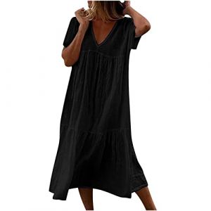 Susenstone Robe Longue Femme en Coton et Lin &agrave; Rayures Noir et Blanc, Col V, Manche Courte, Taille Normale, Style Cocktail, Occasion Mariage, Taille M (⭐⭐⭐⭐⭐Susenstone, neuf)