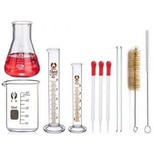 JESSTOLO 50ml Flacon Erlenmeyer verre, 10/5ml Cylindres Gradu&eacute;s, 2 Brosses de Nettoyage, 3 &Eacute;prouvettes, 2 Agitateurs (NAKOYS, neuf)