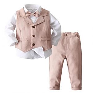 Aislor Costume de Bapt&ecirc;me Gentleman Enfant Garcon Fille Chemise Blanc + Cravate Fleuri +Gilet + Pantalon Garcon Tenu Formel Manche Longue 4 Pi&egrave;ces 12Mois-8 Ans Rose 12-18 Mois (Aislor EU, neuf)