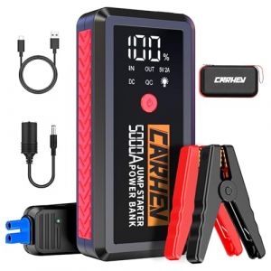 CARHEV Booster Batterie Voiture 5000A, 26800mAh Démarreur Batterie Voiture (Jusqu’à 8.0L Essence & 8.0L Diesel), 12V Portable Jump Starter avec Pinces de Sûreté Intelligentes, Lampe à LED, Écran LCD (CARHEV FR, neuf)