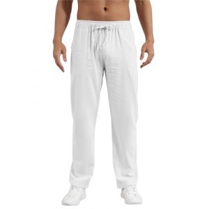 Pantalon Lin Homme Pantalon Homme Été, Léger Lin Coton Pantalon Homme Taille Elastique Cordon de Serrage Chic Pantalon Décontracté Homme S-XXXL Blanc XXL (MGPZT, neuf)