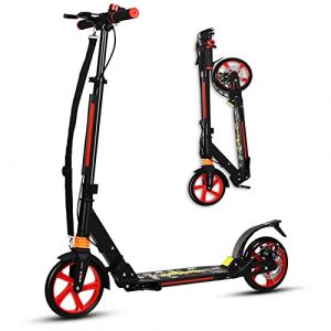 GYMAX Trottinette Enfants et Adultes, Plus de 8 Ans, Trotinette Pliable &agrave; Hauteur R&eacute;glable, Charge Max 100 KG, Scooter en Alliage d'Aluminium avec Freinage Double, 95 x 37 x 86,5-101 CM (Noir) (GYMAX EU, neuf)