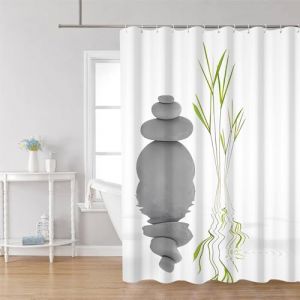 Uiiooazy Rideau Douche Bambou, Rideau Douche Anti Moisissure 180x200cm Feuilles Vert Pierre Gris Abstrait Paysage Rideaux de Baignoire Tissu Lavable Imperméable Rideaux Salle de Bain avec 12 Crochets (dongguibinjingpinxiaodianpu, neuf)
