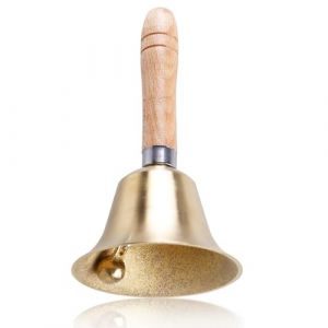 WIYETY Cloche à main de 15 cm avec poignée en bois : cloche à main en laiton, cloche à main en bois, cloche de table, cloche classique pour mariage, dîner, réception, restaurant, école (2222BUY, neuf)