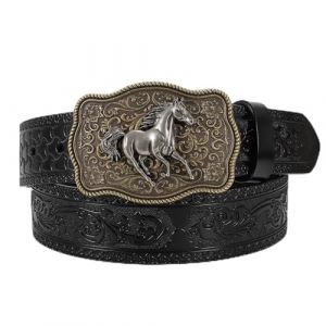 LEACOOLKEY Ceinture western pour hommes et femmes Cowgirl Cowboy gravée en relief Tooled Ceinture en cuir avec boucle pour pantalon en jean Rodeo, G-noir (boucle de cheval argentée), (110CM)Passend (LEACOOLKEY, neuf)