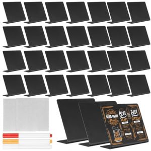 31 Pcs Mini Ardoise Effacable, Petite Ardoise de Table, Petit Tableau Noir, Mini Tableaux Noirs, Etiquette de Prix en L pour Buffet F&ecirc;te Mariage(100 x 75 mm) + 3 Marqueurs &agrave; Craie, 2 Chiffons (runxsam, neuf)