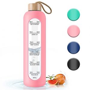 Bouteille en verre de 1L avec marques de temps - Bouteille d'eau sportive en verre avec couvercle en bambou pour le sport, les loisirs, 1000ml, r&eacute;utilisable, incassable, avec &eacute;tui en silicone. (Gistome Direct, neuf)