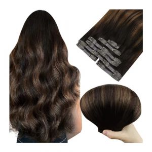 Extensions de cheveux Extensions de cheveux naturels à clipser en cheveux humains PU à clipser Extensions de cheveux humains for femme Extensions de cheveux à clipser Marron foncé Balayage Marron moye (lmqouzhou, neuf)