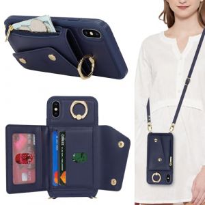 Lipvina Coque pour iPhone X/XS avec Cordon Porte Carte Coque iPhone X/XS zipp&eacute; Portefeuille Femme Telephone Portable R&eacute;glable Collier Housse &Eacute;tui avec Anneau pour Femmes - Bleu (Machan-US, neuf)