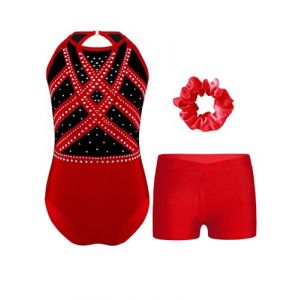 Oyolan Enfant Fille Justaucorps Gymnastique Strass avec Short Danse Gym Patinage Costume Spectacle Entraînement 5-16 Ans E Rouge 13-14 ans (Oyolan EU, neuf)