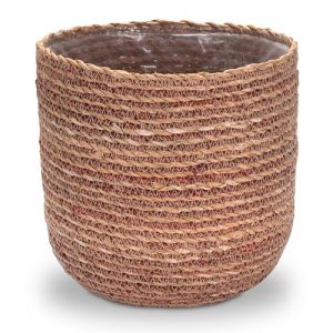 Decorasian Pot de Fleurs en jonc de mer - Cache-Pot tressé - Panier à Plantes décoratif avec Insert en Film Plastique dans Le Style Boho - Natuel/Rouge - 24cm (Mister Merchandise France, neuf)