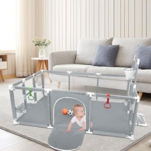 OHMG Parc Bébé,180*120cm,Modulable,Grand parc pour enfant en bas âge,Parc bebe pliable Parc pour bébé grande avec filet respirant et fermeture éclair,2 anneaux,Balles(Gris clair, B-180*120*66cm) (jusiZL, neuf)