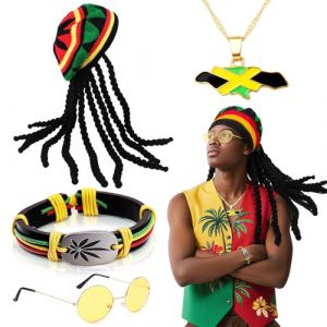 4 Pièces Ensemble de déguisement Rasta, Reggae Jamaïcaine Accessoires Set avec Dreadlocks Bonnet Lunettes Bracelet Tressé Collier avec Pendentif Drapeau pour Femme Homme Halloween Carnaval Cosplay (Qi ShiPengDeshop, neuf)