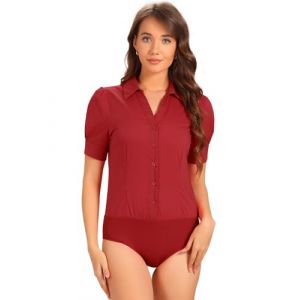 Allegra K Chemisier Body Femme de Bureau boutonn&eacute; Bodysuit Une pi&egrave;ce &agrave; Manches Courtes Body Chemise de Travail Rouge S (Weisser Berg, neuf)