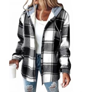 Minetom Veste a Carreaux Femme Chaud Doublure Polaire Sweat &agrave; Capuche Manches Longues Hoodie avec Boutons Automne Hiver Manteau A Noir XS (Mon Bon Coup FR, neuf)