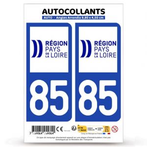 Autocollant Plaque Immatriculation 2 Stickers d&eacute;partement 85 Vend&eacute;e - Pays de la Loire II en Version Fond Bleu : 9,8 x 4,5 cm (Angles Arrondis) (blasonimmat, neuf)