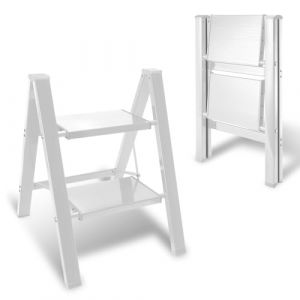 Eulenke 2 Marches Escabeau de Aluminium, Échelle Pliante Marche Pied Pliable, 2 Escabeau Pliable Léger, Échelle pliante antidérapante, Convient pour la maison, la cuisine, charge maximale 150kg, blanc (ZZQRAME, neuf)
