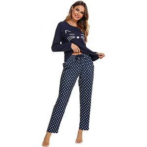 Pyjama Femme - Ensembles Pyjama Femme Coton | Tissu Léger Respirant Été | Motif Chat Pois Élégant | Nuit, Maison, Cadeau，Blue-M (ZJJ-US, neuf)