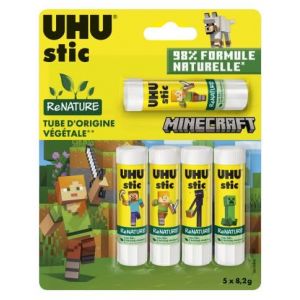 UHU Stic ReNATURE Minecraft &ndash; Lot de 2 packs (2 x 5 b&acirc;tons = 10 x 8,2 g) &ndash; 98% formule naturelle &ndash; Tubes 58% d&rsquo;origine v&eacute;g&eacute;tale &ndash; Colle papier, carton, photos &ndash; &Eacute;dition scolaire (Stock UP, neuf)