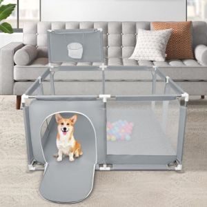 Parc &agrave; Chiots Pouces avec Porte, Parc pour Chiots Ou Petits Chiens,Lavable en Machine, Int&eacute;rieur/ext&eacute;rieur (126 x 126 x 66 cm &ndash; Gris fonc&eacute;) (Hechheu, neuf)