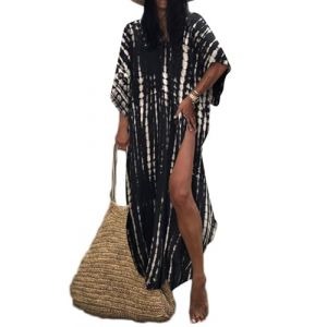 Bsubseach Femme Robe de Plage Tunique Plage Caftan Grande Taille Demi Manches Kaftan Bohème Maxi Longue Noir (Bsubseach-EU, neuf)