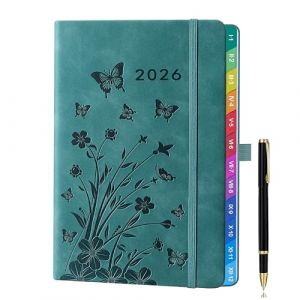 Agenda semainier A5 2026 (janv. à déc.) – Design floral couleur sarcelle avec onglets mensuels, 2 signets, passant élastique pour stylo et pochette intérieure – Planificateur élégant (ZT BenYu, neuf)