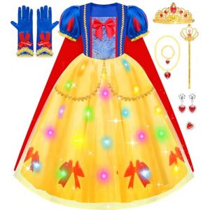 Meland Robe Princesse Fille, 10 Pi&egrave;ces Lumineux D&eacute;guisement Blanche Neige Enfant avec Cape Rouge pour fille 3-10 ans, Deguisement Princesse Costume d' Carnaval, Anniversaire, Halloween (YLMY Tech, neuf)
