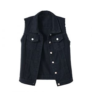 Gilet en Jean Femme Denim Veste sans Manche D&eacute;chir&eacute; Boutonn&eacute; Noir L (light-in-the-dark, neuf)