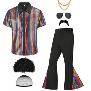 Ezuwail Costume disco des ann&eacute;es 70 pour homme - Chemises &agrave; manches courtes des ann&eacute;es 60 - Pantalon clochette - Perruques - Collier moustache - Lunettes de soleil - 7 pi&egrave;ces - Arc-en-ciel (yurjim, neuf)