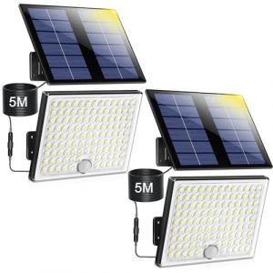 Realky Lampe Solaire Extérieur detecteur de mouvement, lumière led solaire exterieur puissante 113 LED 2000mAh 4 Modes, luminaire spot solaire éclairage mural d'extérieur avec câble 5M, 2 pièces (Fenyes Napkereskedes Kft., neuf)