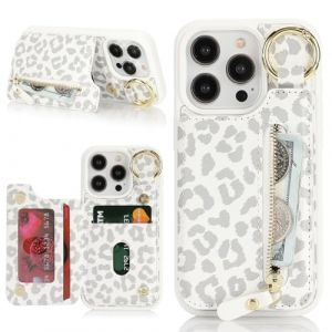 Ｈａｖａｙａ Coque pour iPhone 15 Pro avec Porte Carte Etui f&uuml;r iPhone 15 Pro avec Mousqueton Porte cl&eacute; Porte Monnaie Femme Cuir zipp&eacute; Housse Rabat avec Anneau - Imprim&eacute; l&eacute;opard Blanc (HuaJie-Tech, neuf)
