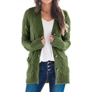 Uusollecy Gilet Long Femme Hiver Chaud De Boutonnage Décontracté Grosse Maille avec Poche Gaufré Cardigan, Vert, XL (hopin, neuf)